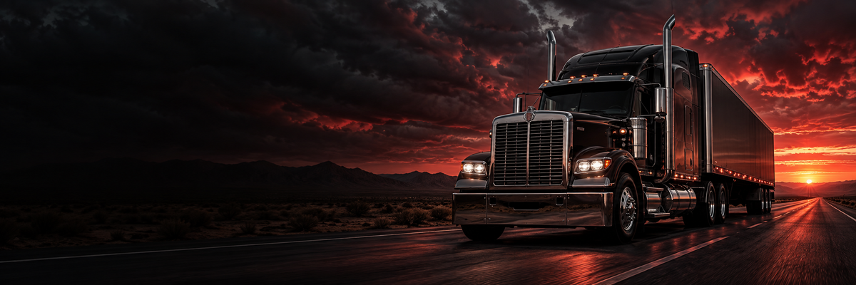 Black semi truck on an open road beneath a dramatic red sunset